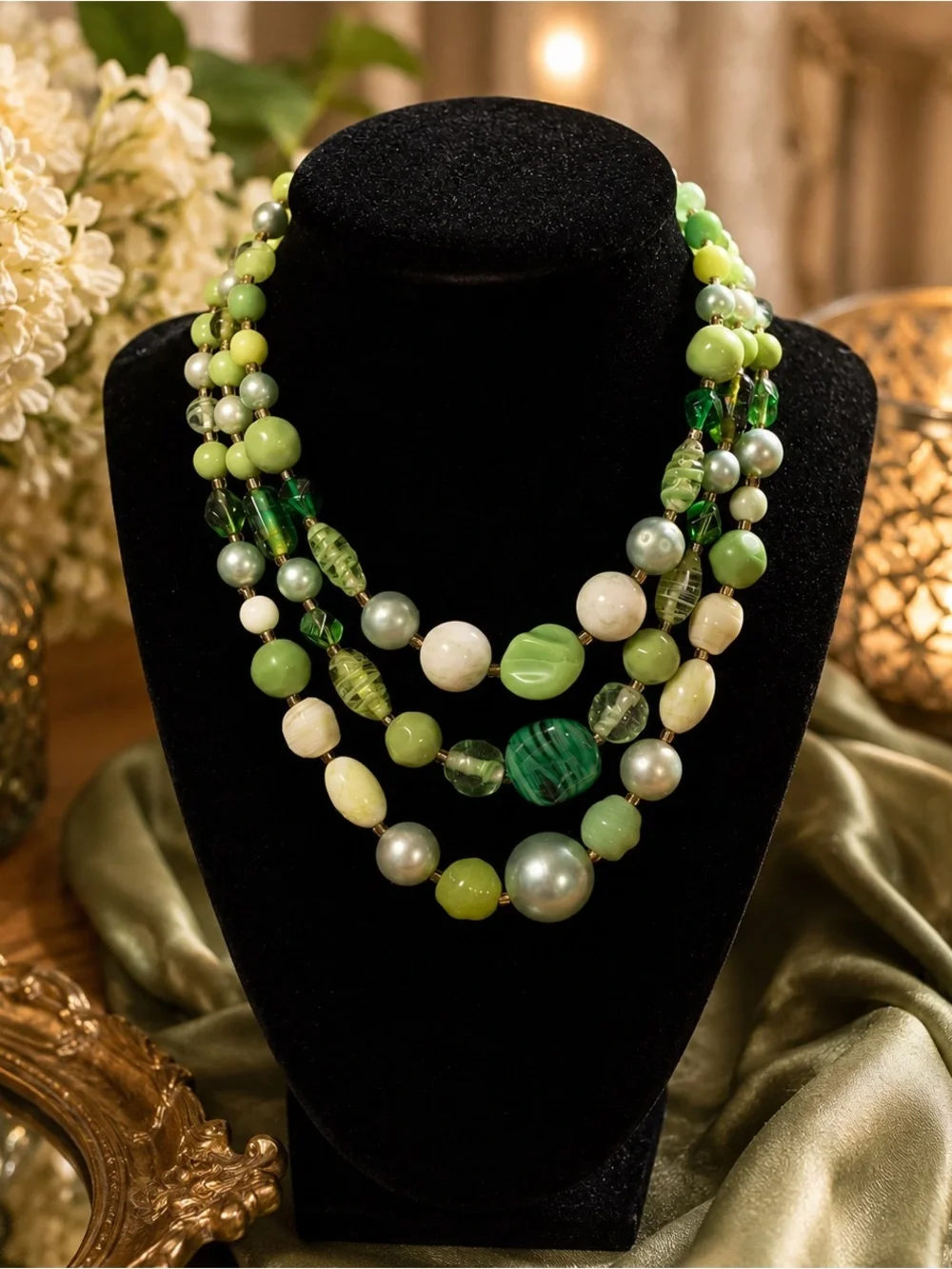 Vintage Japan Green Multi-Strand Glass Bead Choker Necklace Mid Century
